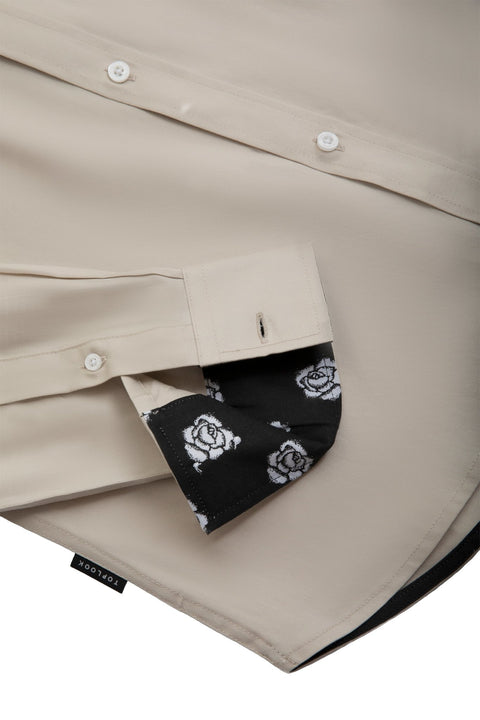 Button Down Collar Long-Sleeved Shirt with Flower Details in Volcanic Glass - Toplook London