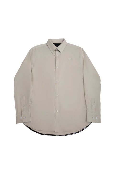 Button Down Collar Long-Sleeved Shirt with Flower Details in Volcanic Glass - Toplook London