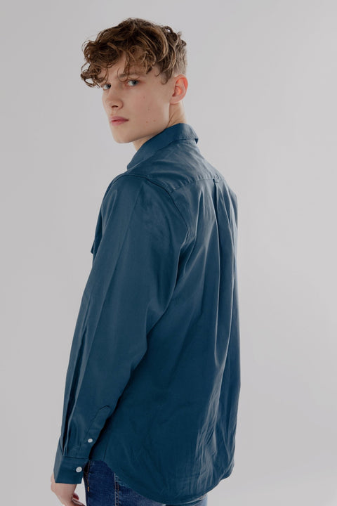 Button Down Collar Long-Sleeved Shirt with patch pocket in ensign blue colour - Toplook London