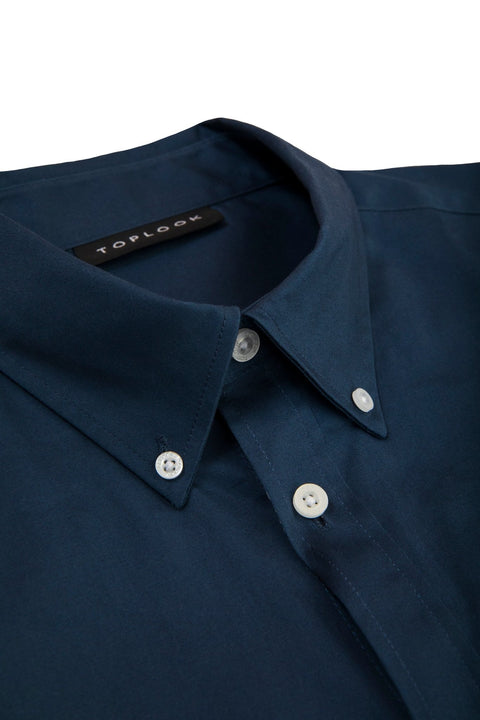 Button Down Collar Long-Sleeved Shirt with patch pocket in Navy Blue Colour - Toplook London