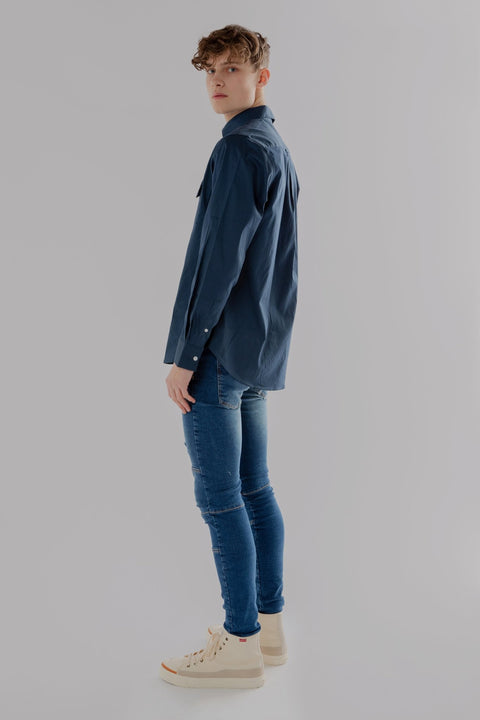 Button Down Collar Long-Sleeved Shirt with patch pocket in Navy Blue Colour - Toplook London