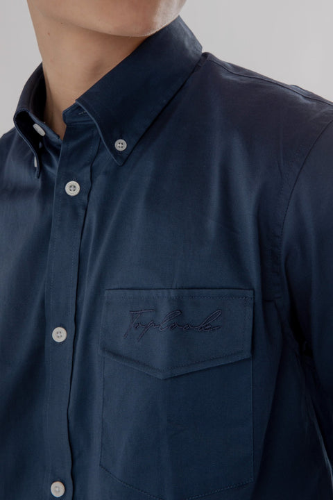 Button Down Collar Long-Sleeved Shirt with patch pocket in Navy Blue Colour - Toplook London