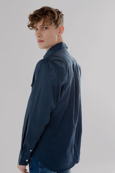 Button Down Collar Long-Sleeved Shirt with patch pocket in Navy Blue Colour - Toplook London
