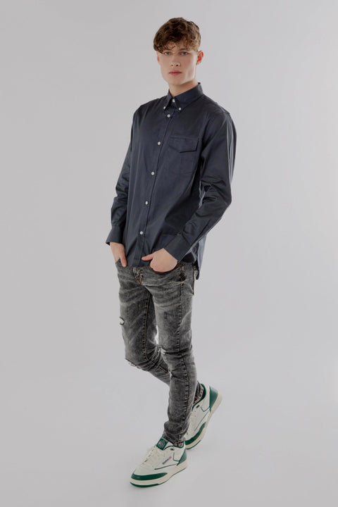 Button Down Collar Long-Sleeved Shirt with Patch Pocket in ombre blue Colour - Toplook London