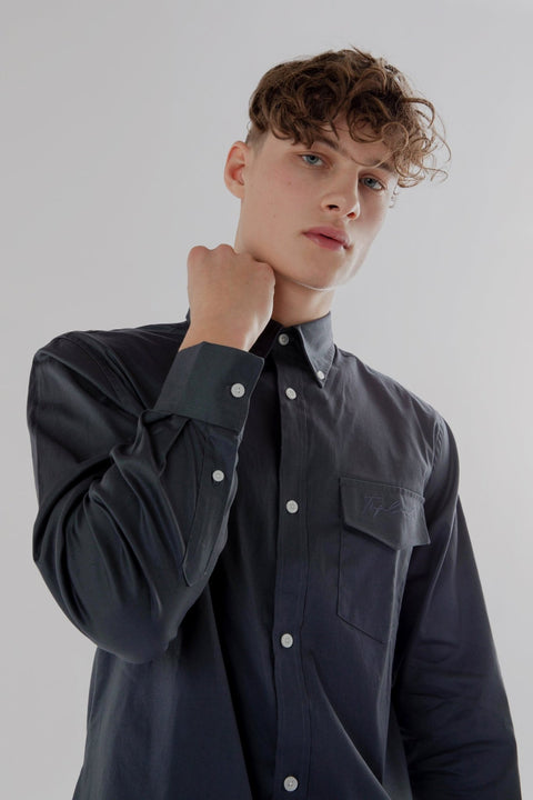 Button Down Collar Long-Sleeved Shirt with Patch Pocket in ombre blue Colour - Toplook London