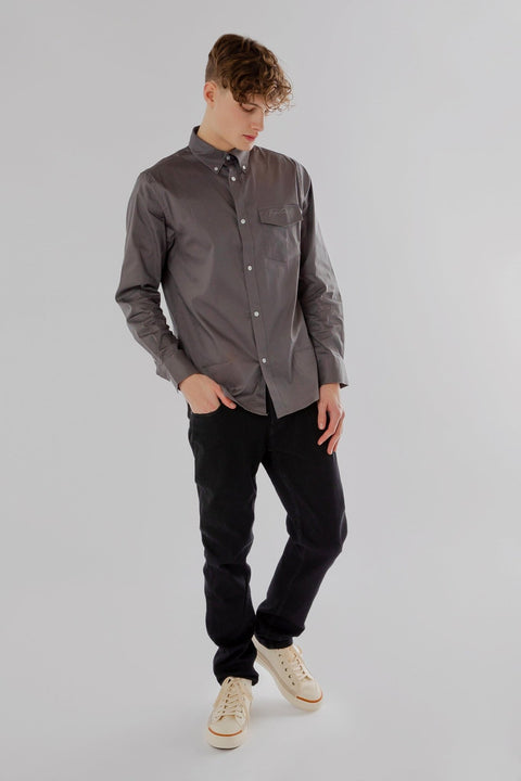Button Down Collar Long-Sleeved Shirt with Patch Pocket in pearl blue Colour - Toplook London