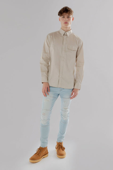 Button Down Collar Long-Sleeved Shirt with Patch Pocket in volcanic glass colour - Toplook London
