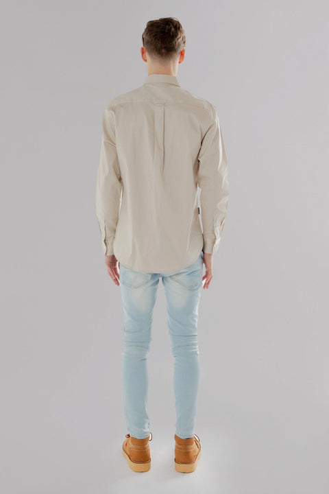 Button Down Collar Long-Sleeved Shirt with Patch Pocket in volcanic glass colour - Toplook London