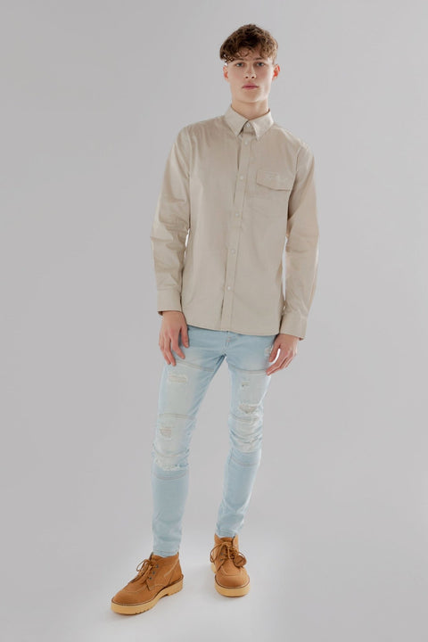 Button Down Collar Long-Sleeved Shirt with Patch Pocket in volcanic glass colour - Toplook London