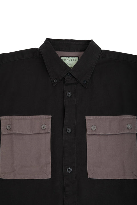 CASUAL LONG SLEEVE SHIRT JET BLACK WITH VOLCANIC GLASS CONTRAST POCKET - Toplook London