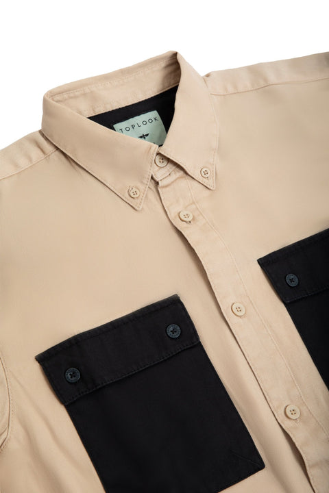 CASUAL LONG SLEEVE SHIRT WARM SAND WITH JET BLCK CONTRAST POCKET - Toplook London