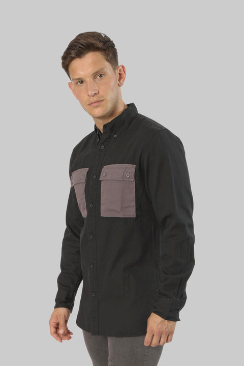 Casual Men's Long Sleeve Shirt With Contrast Pocket, Jet Black - Toplook London
