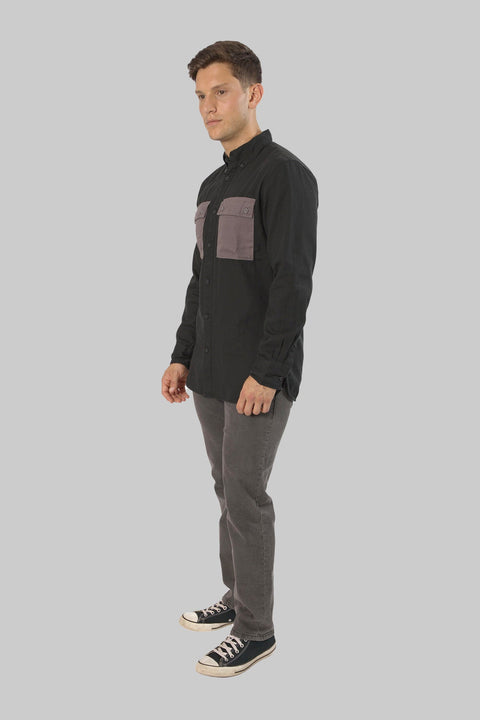 Casual Men's Long Sleeve Shirt With Contrast Pocket, Jet Black - Toplook London