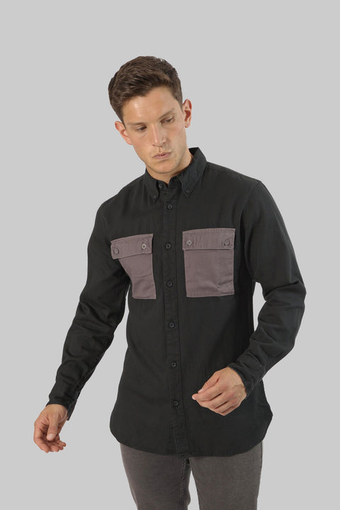 Casual Men's Long Sleeve Shirt With Contrast Pocket, Jet Black - Toplook London