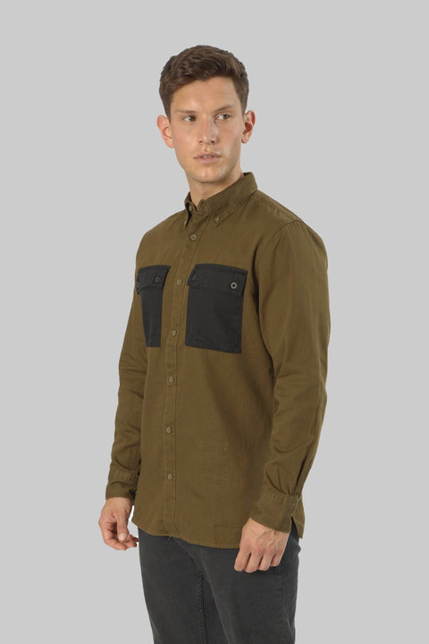 Casual Men's Long Sleeve Shirt With Contrast Pocket, Olive - Toplook London