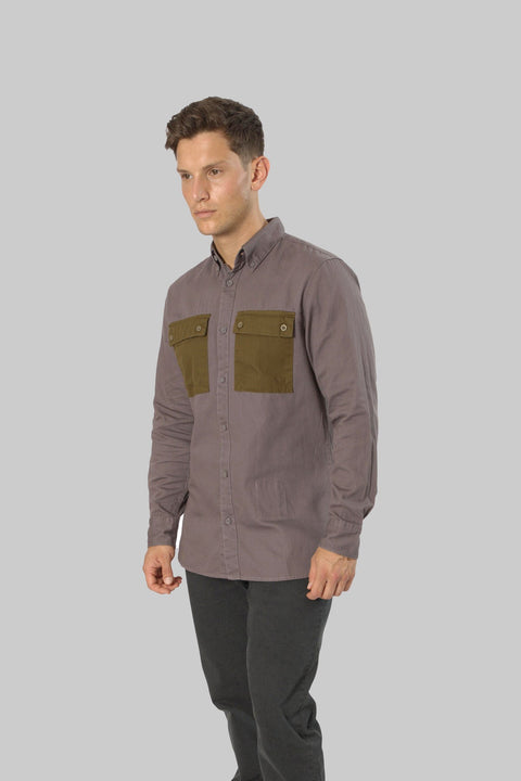 Casual Men's Long Sleeve Shirt With Contrast Pocket, Volcanic Glass - Toplook London