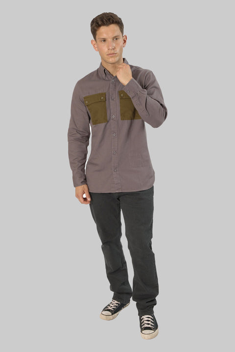 Casual Men's Long Sleeve Shirt With Contrast Pocket, Volcanic Glass - Toplook London