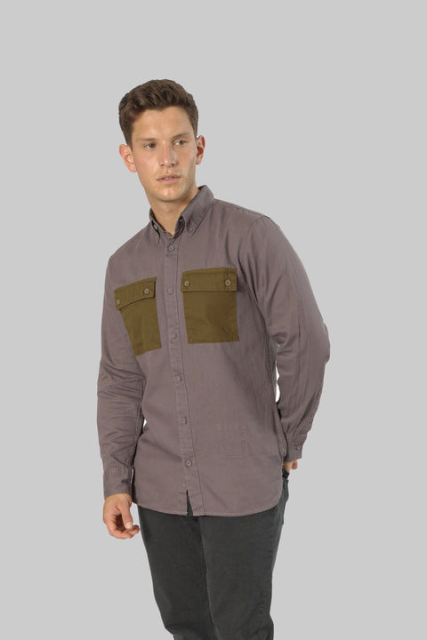 Casual Men's Long Sleeve Shirt With Contrast Pocket, Volcanic Glass - Toplook London
