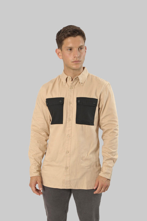 Casual Men's Long Sleeve Shirt With Contrast Pocket, Warm Sand - Toplook London