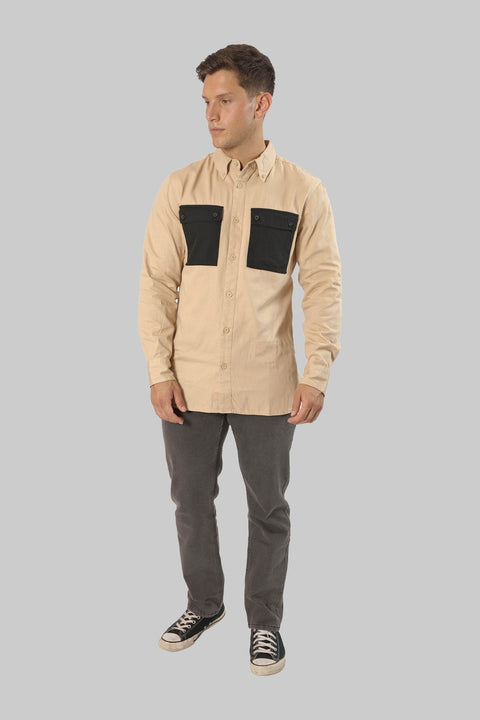 Casual Men's Long Sleeve Shirt With Contrast Pocket, Warm Sand - Toplook London
