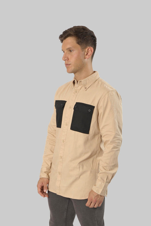 Casual Men's Long Sleeve Shirt With Contrast Pocket, Warm Sand - Toplook London