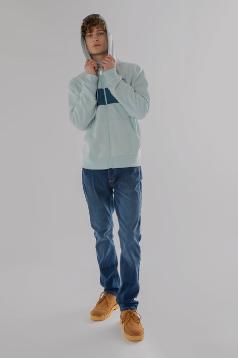 CONTRAST PANEL HOODIE WITH ZIPPER IN BABY BLUE MARL - Toplook London