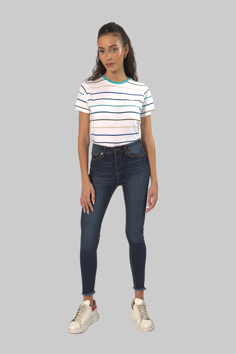 Crew Neck Stripe Top T-Shirt For Women, BluesStripe - Toplook London