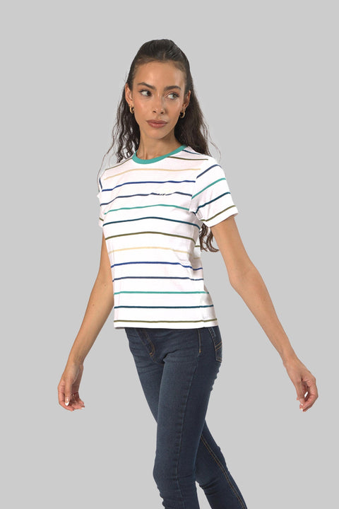 Crew Neck Stripe Top T-Shirt For Women, BluesStripe - Toplook London