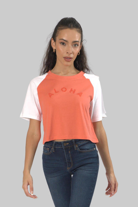 Cropped Top Short Sleeve T-shirt for Women, Coral/White - Toplook London