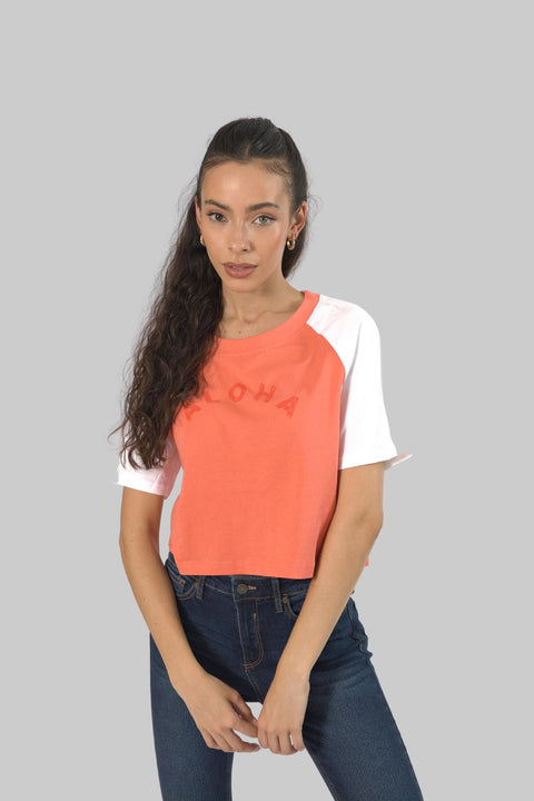 Cropped Top Short Sleeve T-shirt for Women, Coral/White - Toplook London