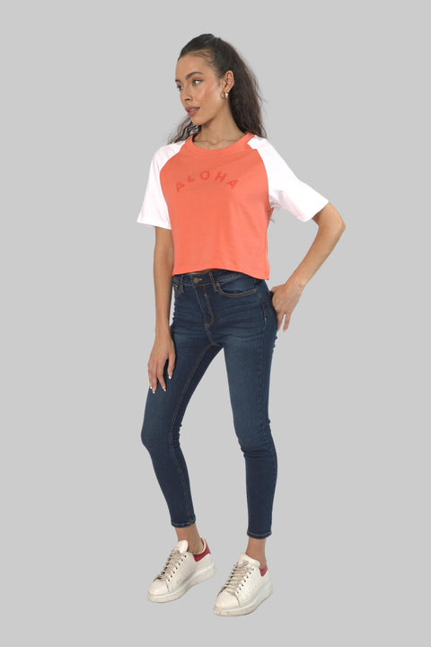 Cropped Top Short Sleeve T-shirt for Women, Coral/White - Toplook London