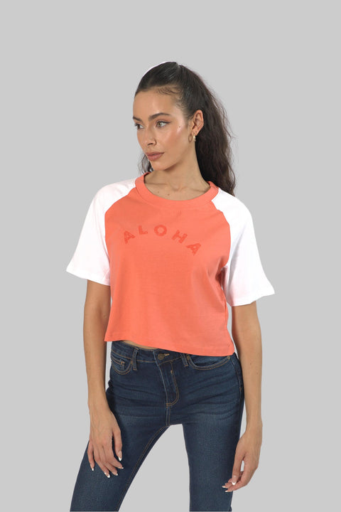Cropped Top Short Sleeve T-shirt for Women, Coral/White - Toplook London