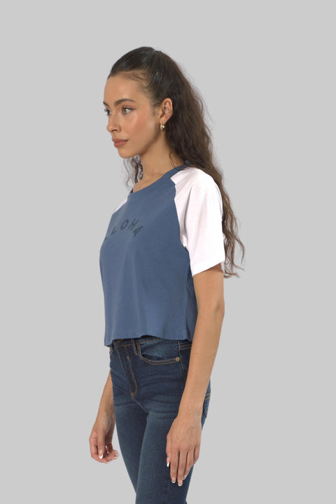 Cropped Top Short Sleeve T-shirt for Women, Indigo/White - Toplook London