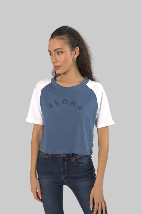Cropped Top Short Sleeve T-shirt for Women, Indigo/White - Toplook London
