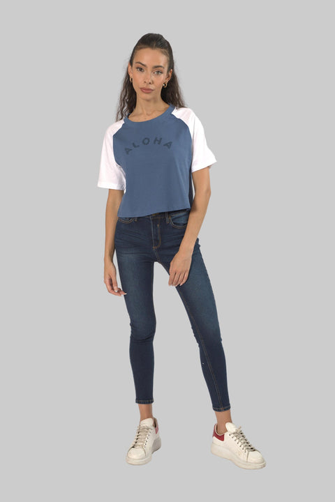 Cropped Top Short Sleeve T-shirt for Women, Indigo/White - Toplook London