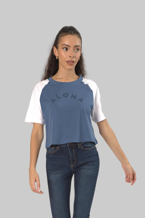 Cropped Top Short Sleeve T-shirt for Women, Indigo/White - Toplook London