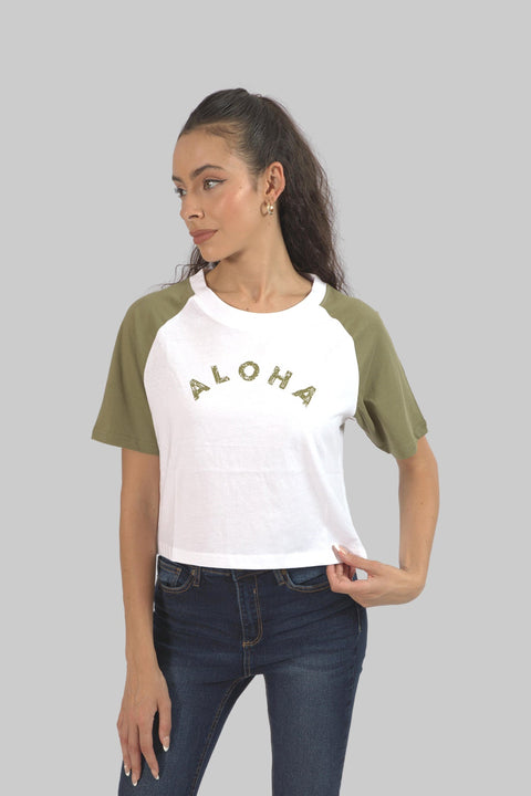 Cropped Top Short Sleeve T-shirt for Women, White/Pressed Green - Toplook London