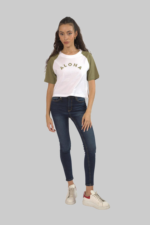 Cropped Top Short Sleeve T-shirt for Women, White/Pressed Green - Toplook London