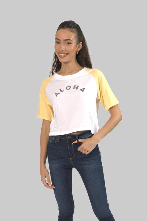 Cropped Top Short Sleeve T-shirt for Women, White/Sunburst Yellow - Toplook London