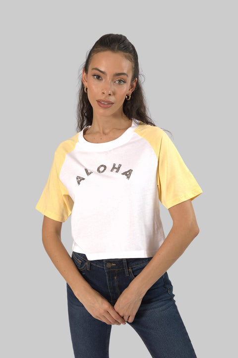 Cropped Top Short Sleeve T-shirt for Women, White/Sunburst Yellow - Toplook London