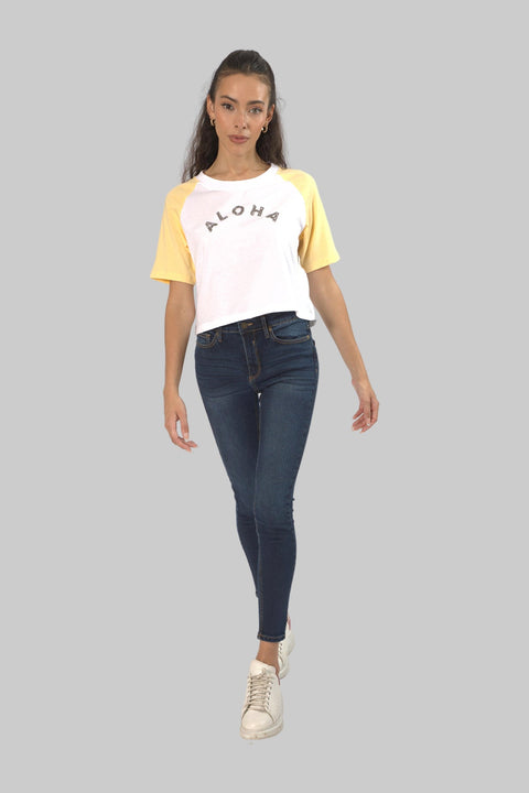 Cropped Top Short Sleeve T-shirt for Women, White/Sunburst Yellow - Toplook London