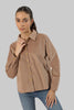 Ladies Oversized Soft Corduroy Long Sleeve Button Down Shirt, Beige - Toplook London