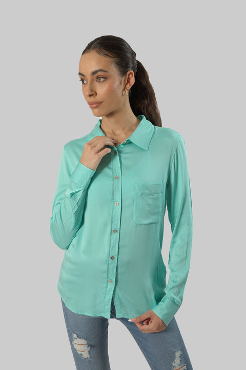 Ladies Women's Classic Work Wear Long Sleeve Blouse, Blue - Toplook London