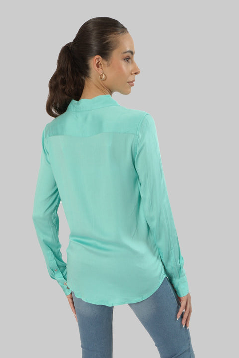 Ladies Women's Classic Work Wear Long Sleeve Blouse, Blue - Toplook London