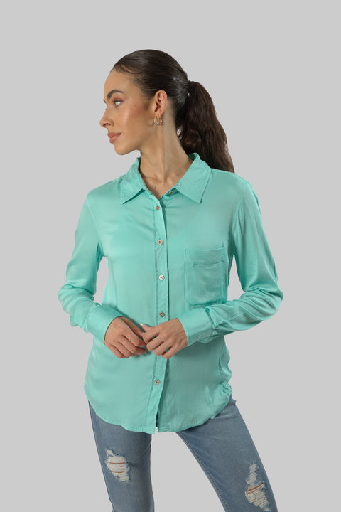 Ladies Women's Classic Work Wear Long Sleeve Blouse, Blue - Toplook London