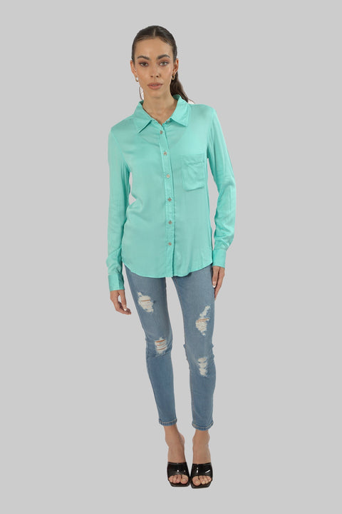 Ladies Women's Classic Work Wear Long Sleeve Blouse, Blue - Toplook London
