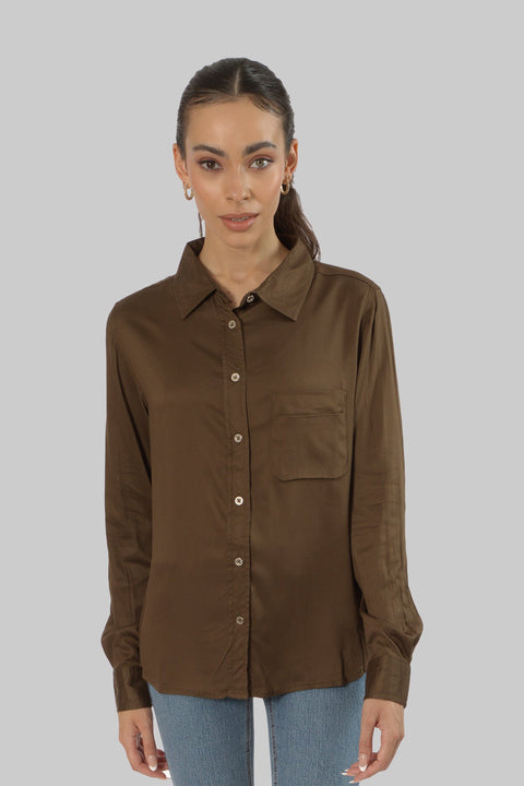Ladies Women's Classic Work Wear Long Sleeve Blouse, Chocolate - Toplook London