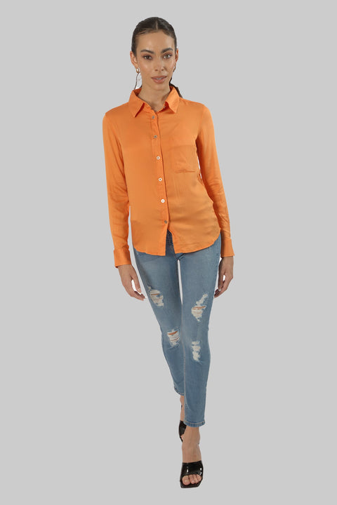 Ladies Women's Classic Work Wear Long Sleeve Blouse, Orange - Toplook London