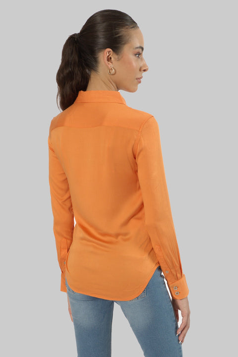 Ladies Women's Classic Work Wear Long Sleeve Blouse, Orange - Toplook London