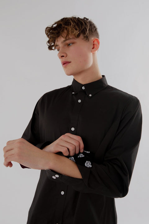 LONG SLEEVE SHIRT With Floral Contrast detail in Black - Toplook London